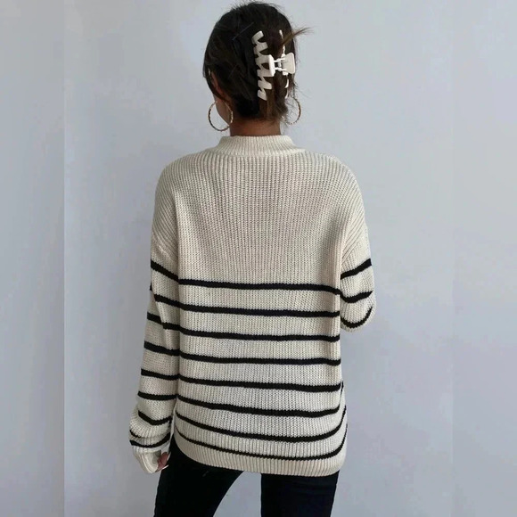 Striped Drop Shoulder Zipper Front Sweater - Picture 3 of 6
